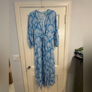Melissa Odabash Blue and White Patterned Long Sleeve Dress